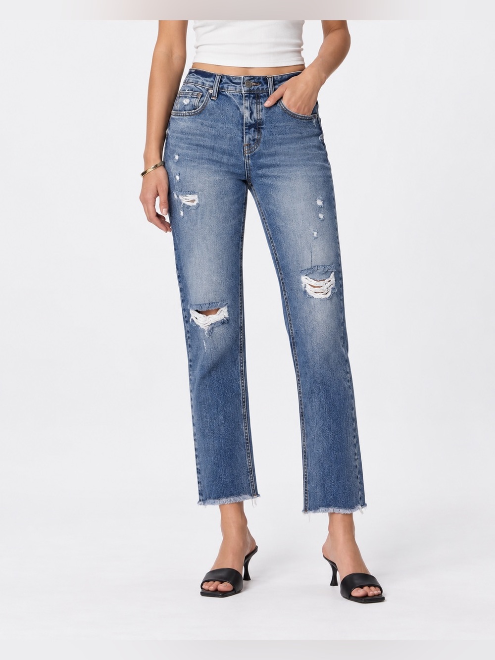 NEW Avec Les Filles Destroyed Distressed Straight Leg Jeans